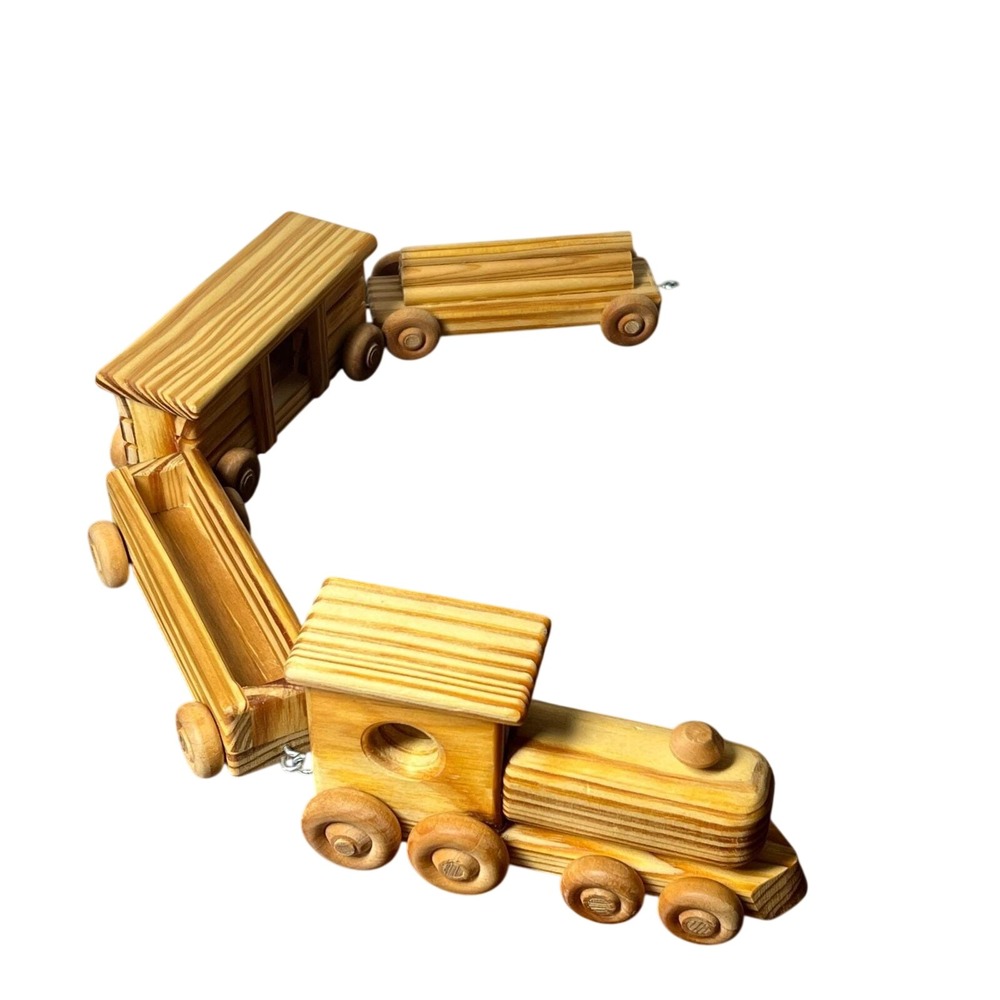 Wooden Train Set Kids Toy Engine Cars Flatbed Caboose Wood 4 Piece Wheeled Set